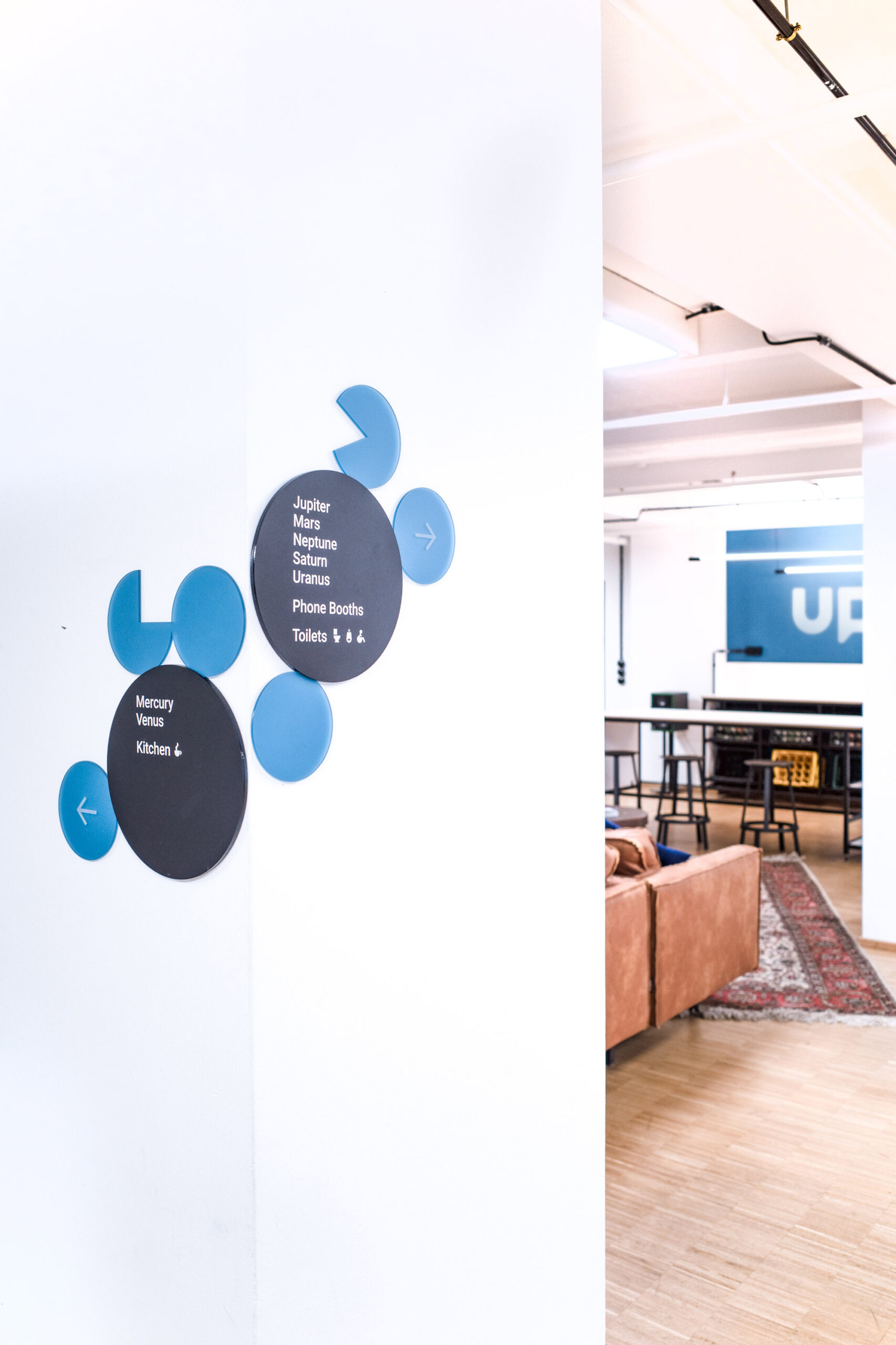 Sentiform Office Branding Agency Workplace Branding Agency Wayfinding Agency UP42 Berlin Environmental Graphic Design Spatial Branding Signage Office Mural